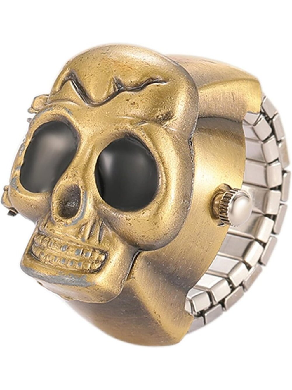 Unisex Gold And Black Analog Punk Skull Flip-Open Adjustable Finger Ring Watch
